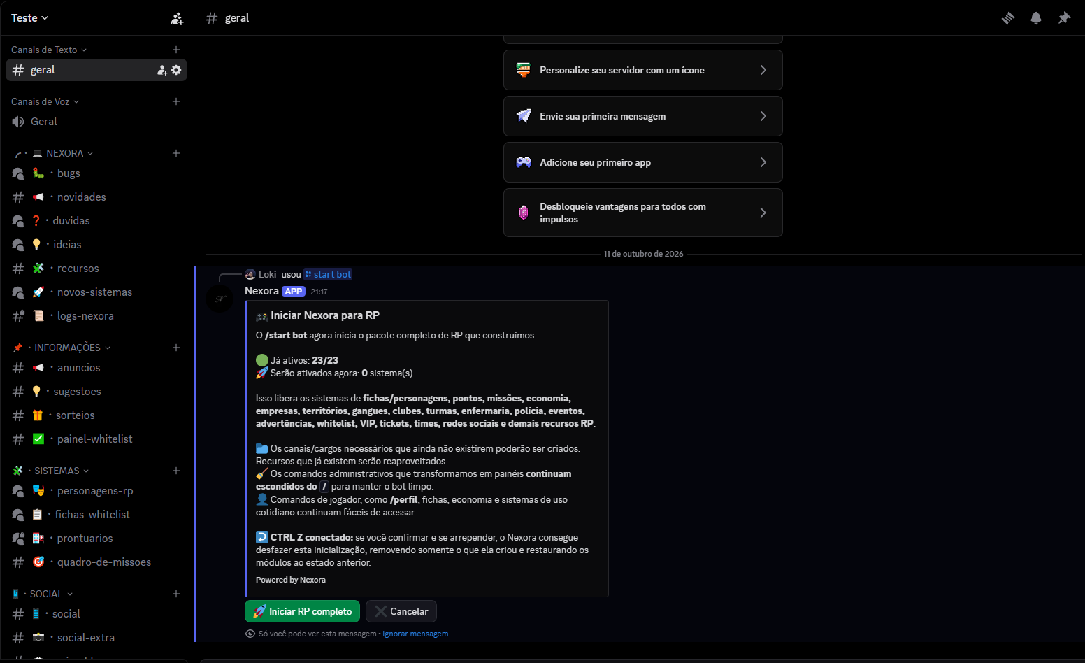Tela real do comando start bot do Nexora